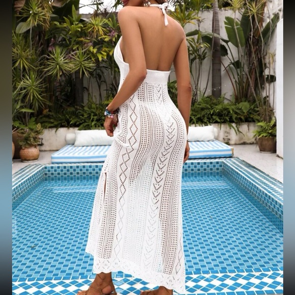 Boho Bohemian Semi Sheer White Mesh Crochet Knit Cover up Maxi Dress - Picture 2 of 6
